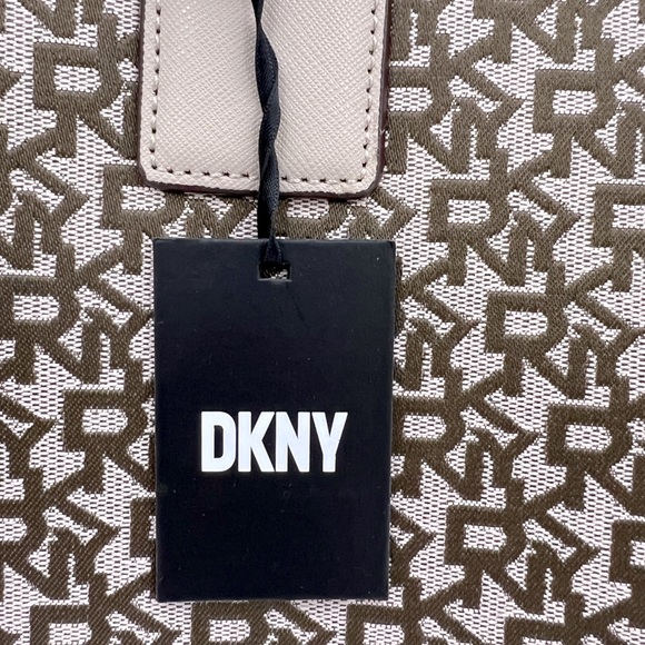 DKNY “CARLITA MD TOTE” BAG, BEIGE WITH BROWN LOGO ALL OVER WITH SHOULDER STRAP - Picture 10 of 16